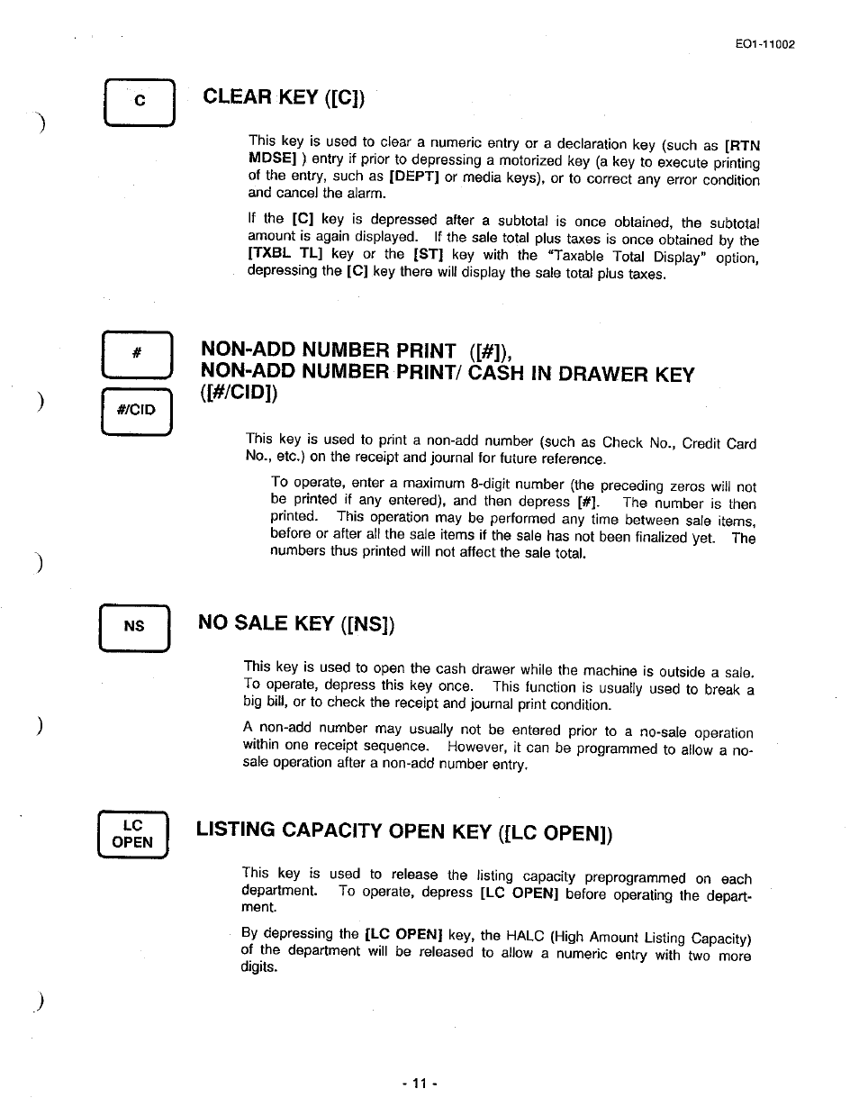 Clear key ([c]), Non-add number print ([#]), Non-add number print/ cash in drawer key ([#/cid]) | No sale key ([ns]), Listing capacity open key ([lc open]) | Toshiba TEC MA-206 User Manual | Page 15 / 78