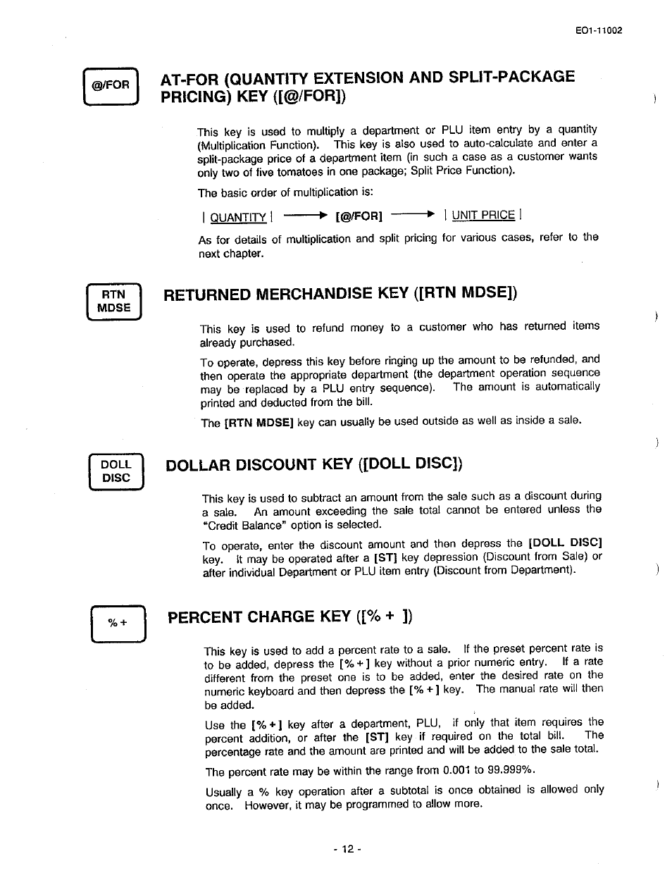 Returned merchandise key ([rtn mdse]), Dollar discount key ([doll disc]), Percent charge key ([% + ]) | Toshiba TEC MA-206 User Manual | Page 16 / 78