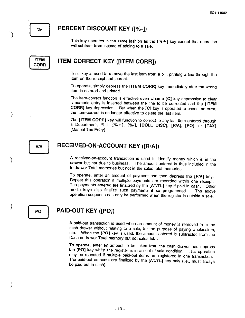 Percent discount key ([%-]), Item correct key ([item corr]), Received-on-account key ([r/a]) | Paid-out key ([po]) | Toshiba TEC MA-206 User Manual | Page 17 / 78