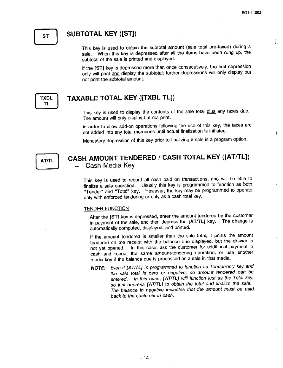 Subtotal key ([st]), Taxable total key ([txbl tl]), Tendered / cash total key ([at/tl]) | Cash media key | Toshiba TEC MA-206 User Manual | Page 18 / 78