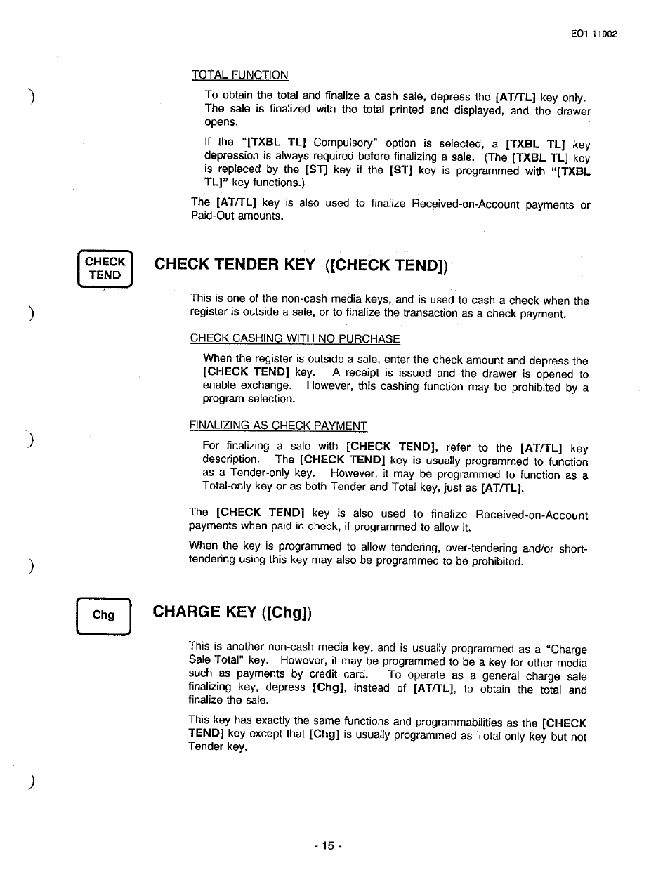 Check tender key ([check tend]), Charge key ([chg]) | Toshiba TEC MA-206 User Manual | Page 19 / 78
