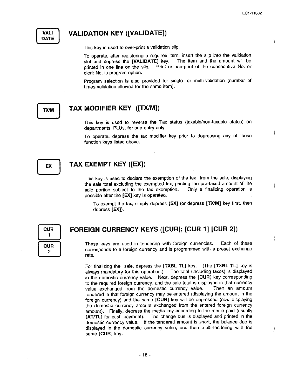 Validation key ([validate]), Tax modifier key ([tx/m]), Tax exempt key ([ex]) | Foreign currency keys ([cur]; [cur 1] [cur 2]) | Toshiba TEC MA-206 User Manual | Page 20 / 78