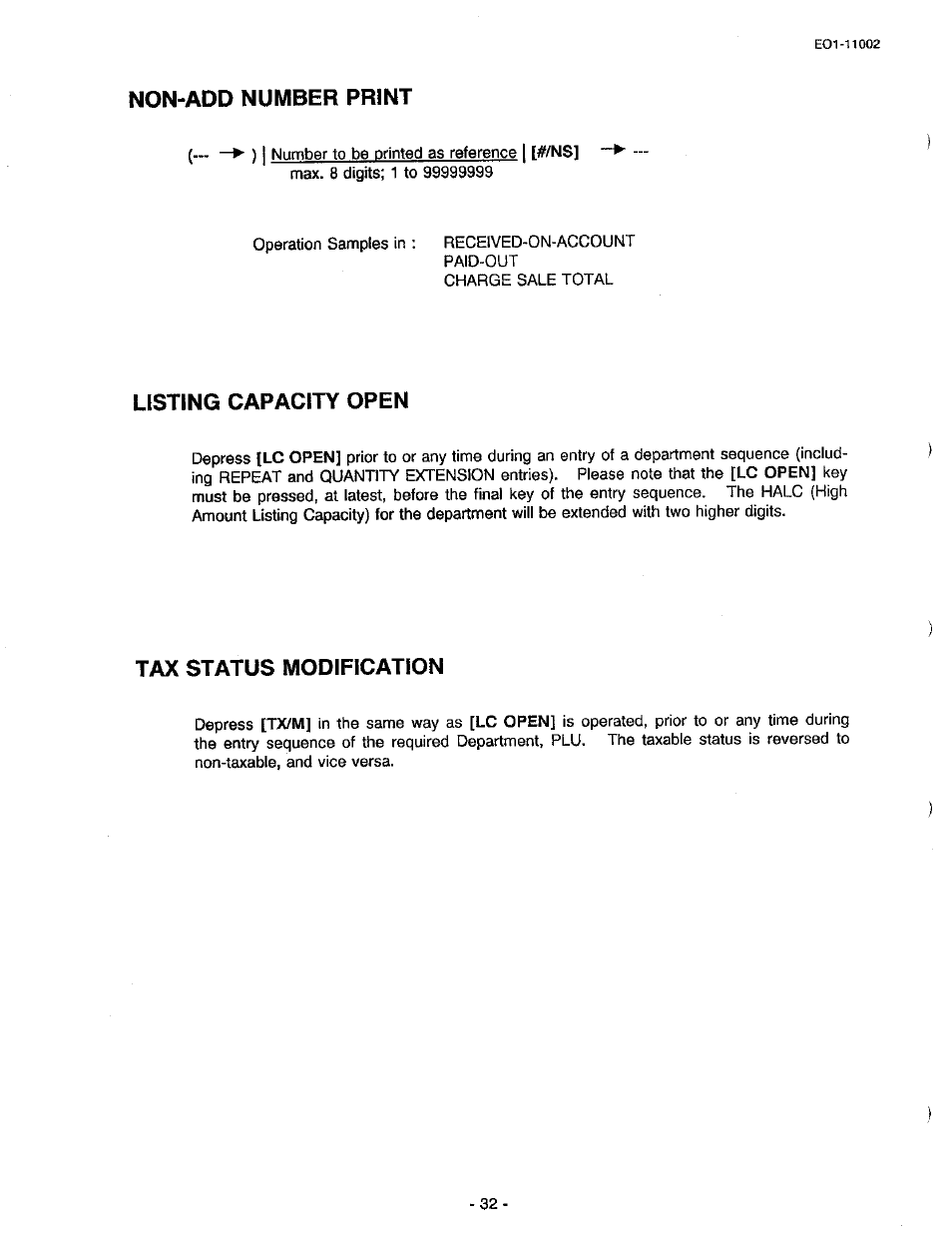 Non-add number print, Listing capacity open, Tax status modification | Toshiba TEC MA-206 User Manual | Page 36 / 78