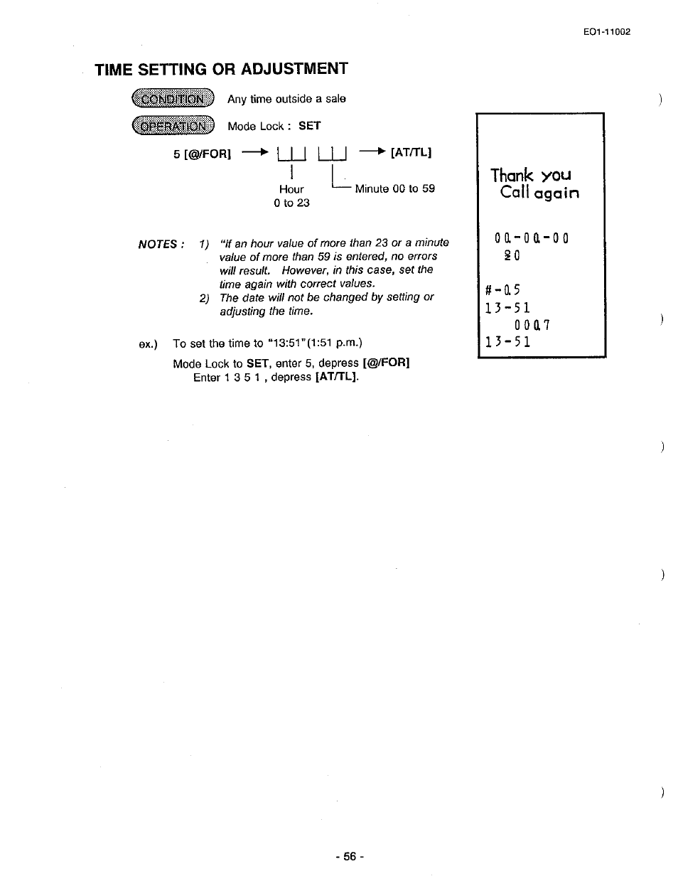 Time setting or adjustment | Toshiba TEC MA-206 User Manual | Page 60 / 78