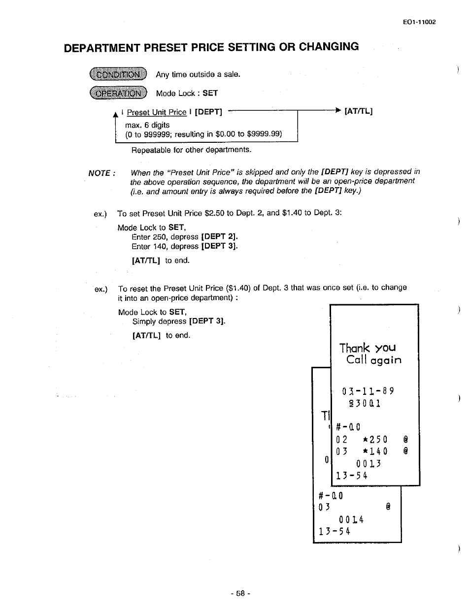 Department preset price setting or changing | Toshiba TEC MA-206 User Manual | Page 62 / 78