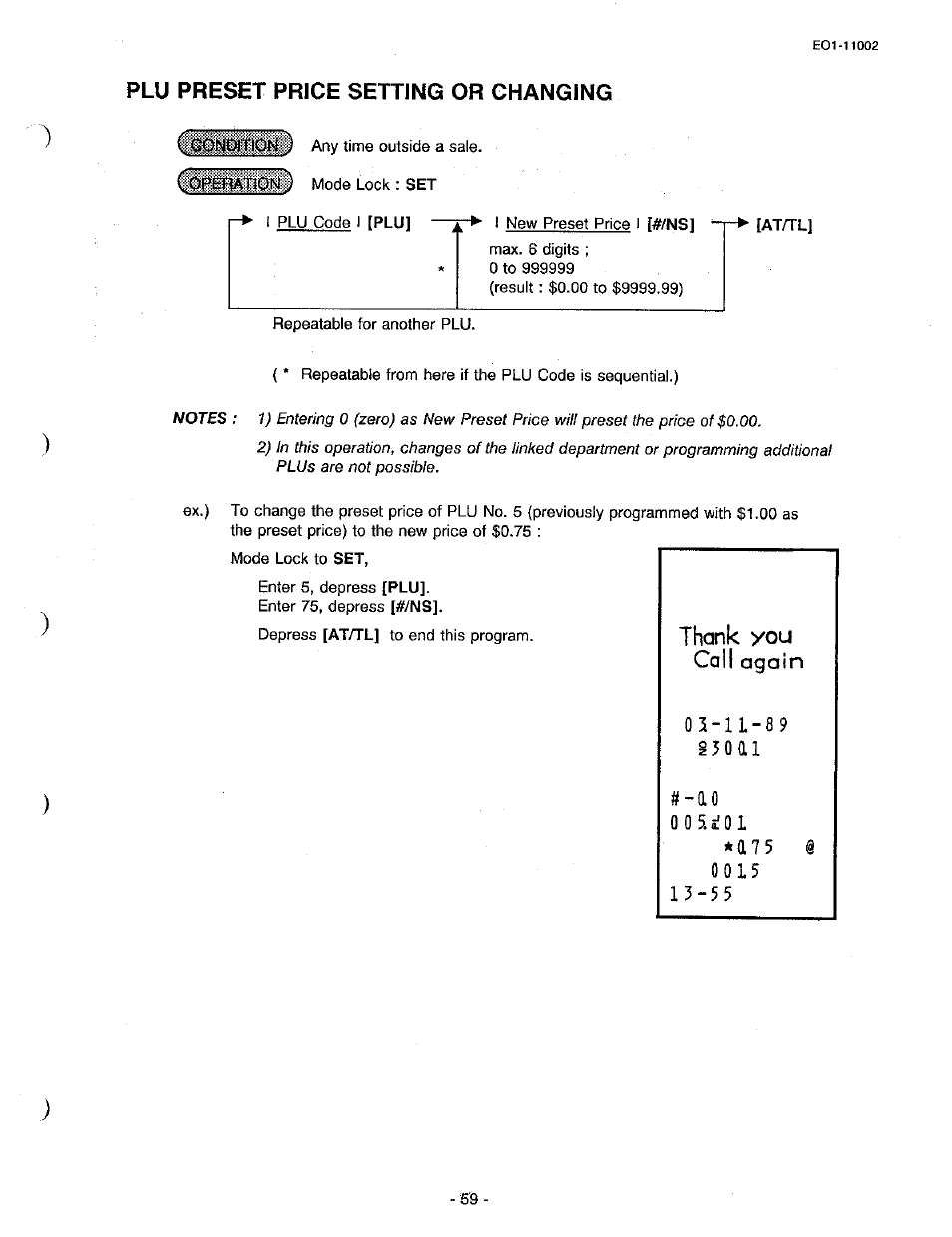 Plu preset price setting or changing | Toshiba TEC MA-206 User Manual | Page 63 / 78