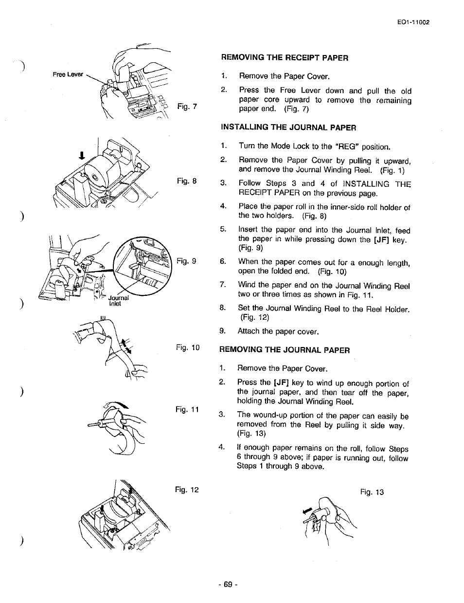 Removing the receipt paper, Installing the journal paper, Removing the journal paper | Toshiba TEC MA-206 User Manual | Page 73 / 78
