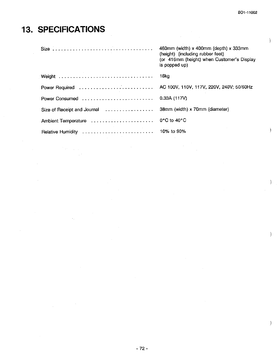 Specifications, 13, specifications | Toshiba TEC MA-206 User Manual | Page 76 / 78