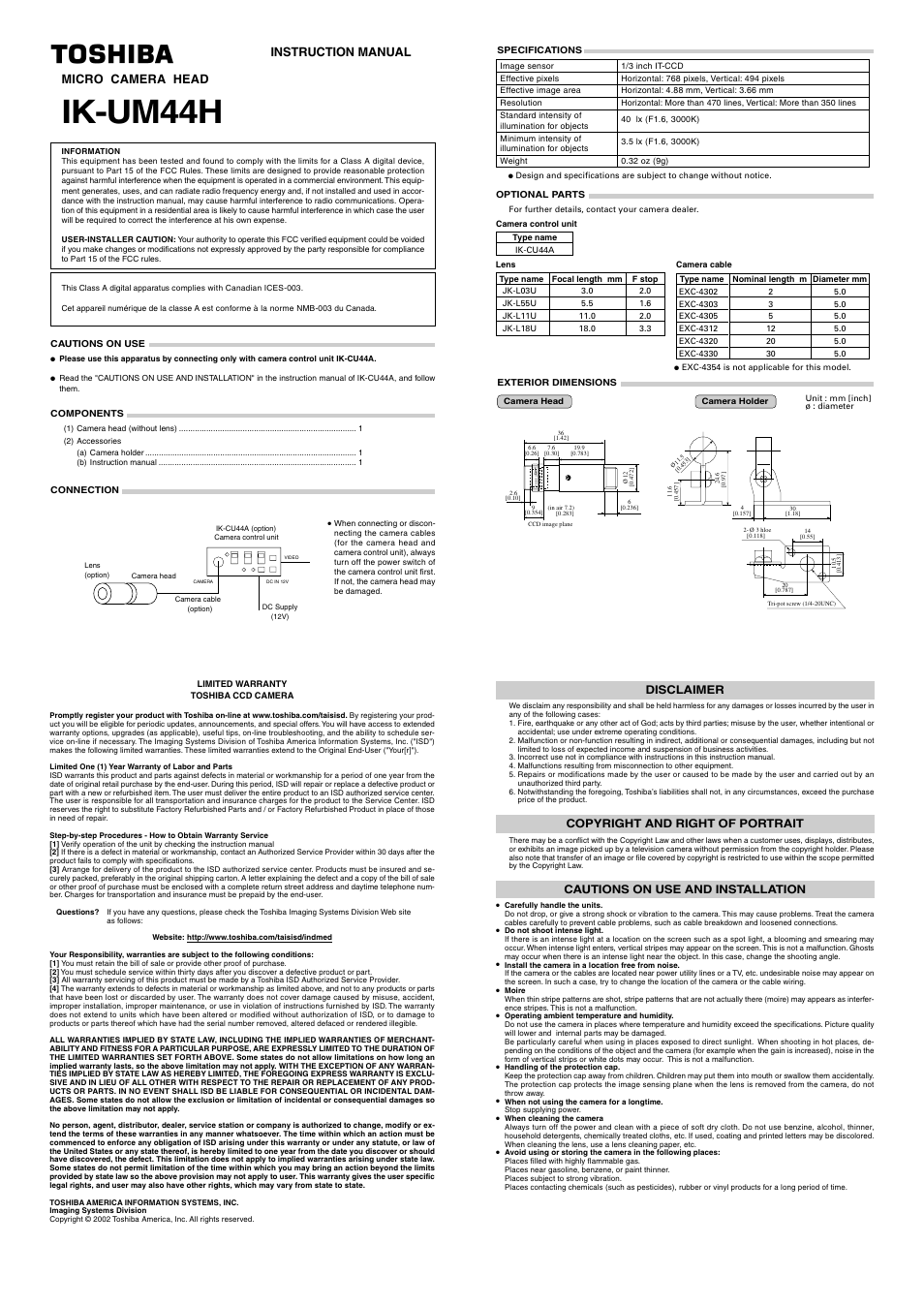Toshiba IK-UM44H User Manual | 1 page
