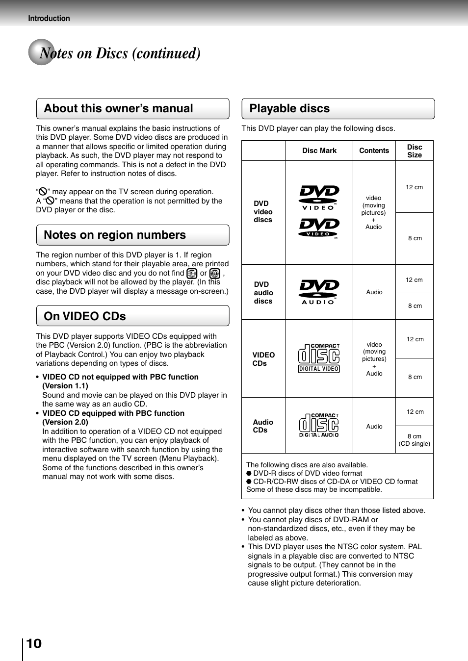 About this owner’s manual, On video cds, Playable discs | Toshiba SD-4700 User Manual | Page 10 / 68