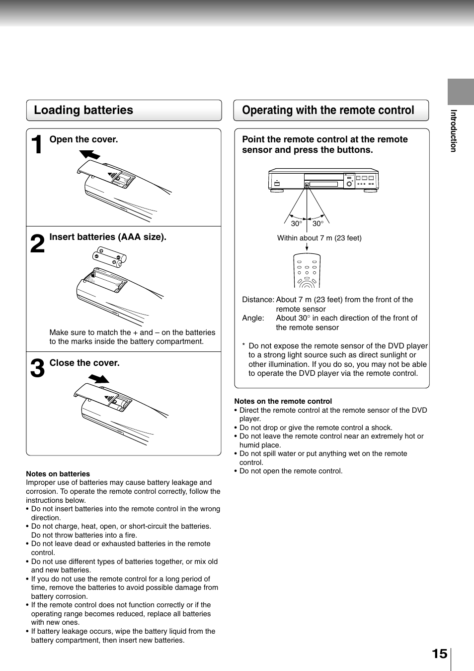 Operating with the remote control, Loading batteries | Toshiba SD-4700 User Manual | Page 15 / 68