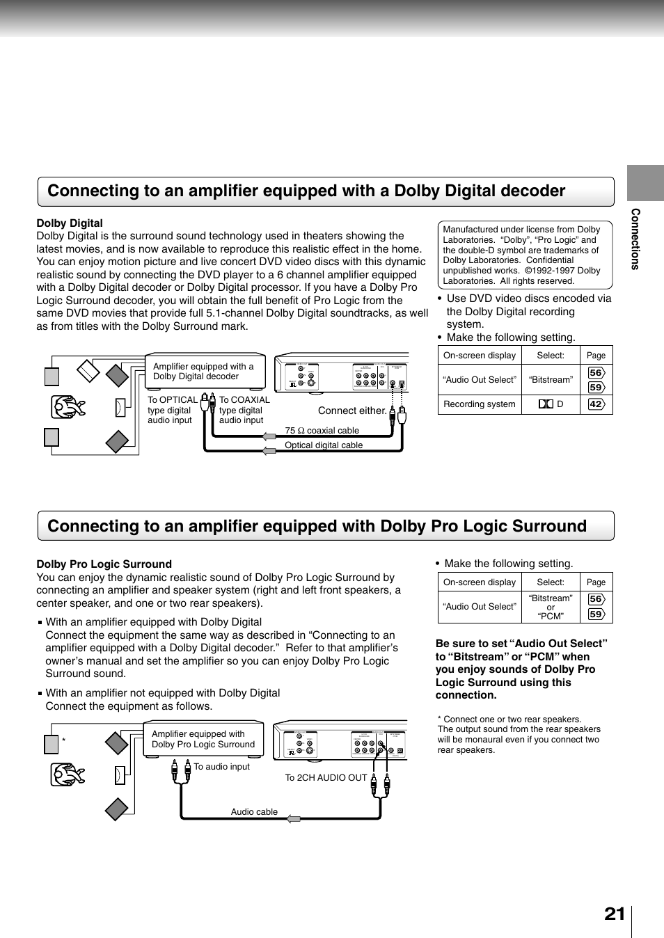 Connections, Make the following setting, Connect either | Dpage 42 | Toshiba SD-4700 User Manual | Page 20 / 68