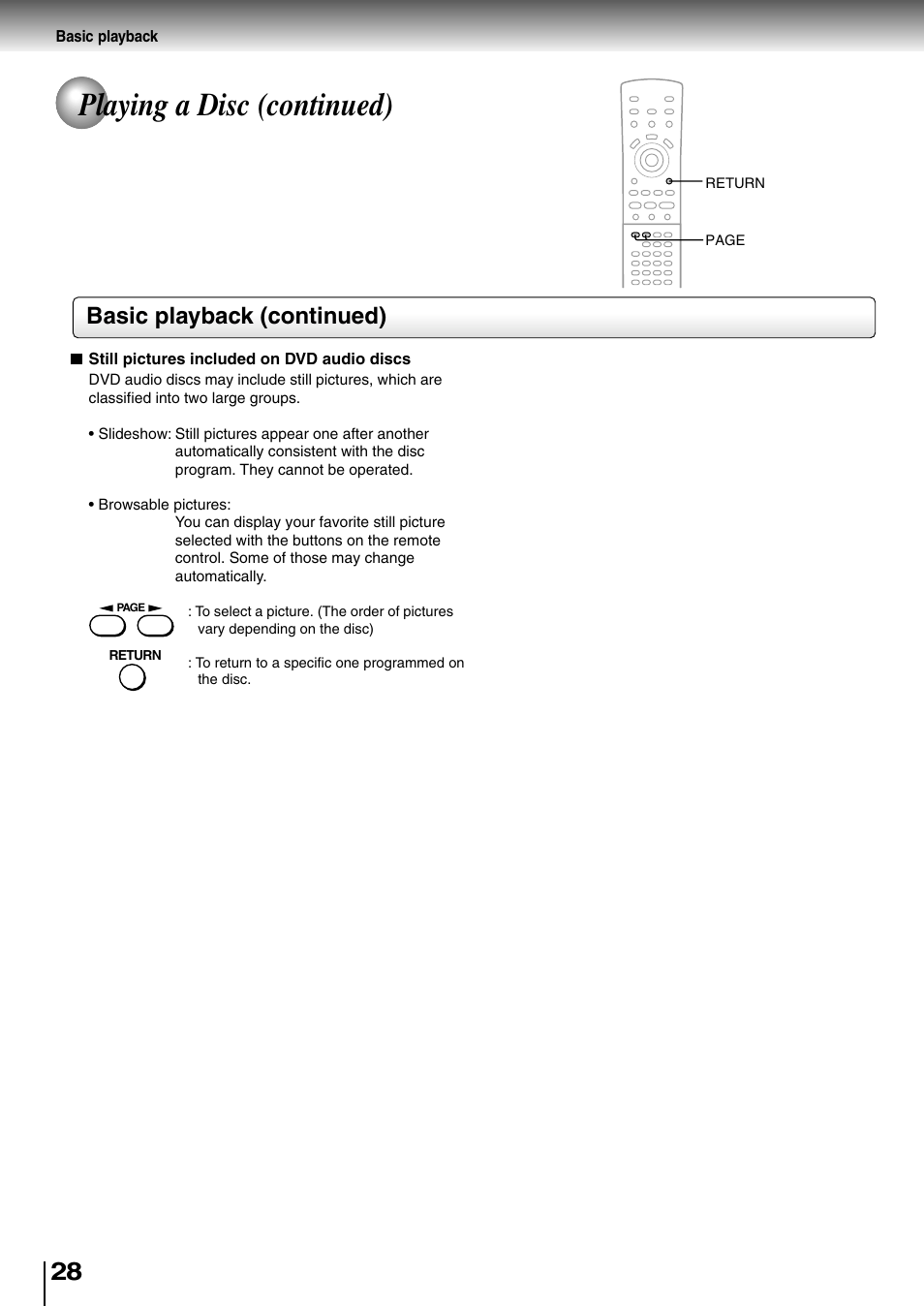 Playing a disc (continued), Basic playback (continued) | Toshiba SD-4700 User Manual | Page 26 / 68