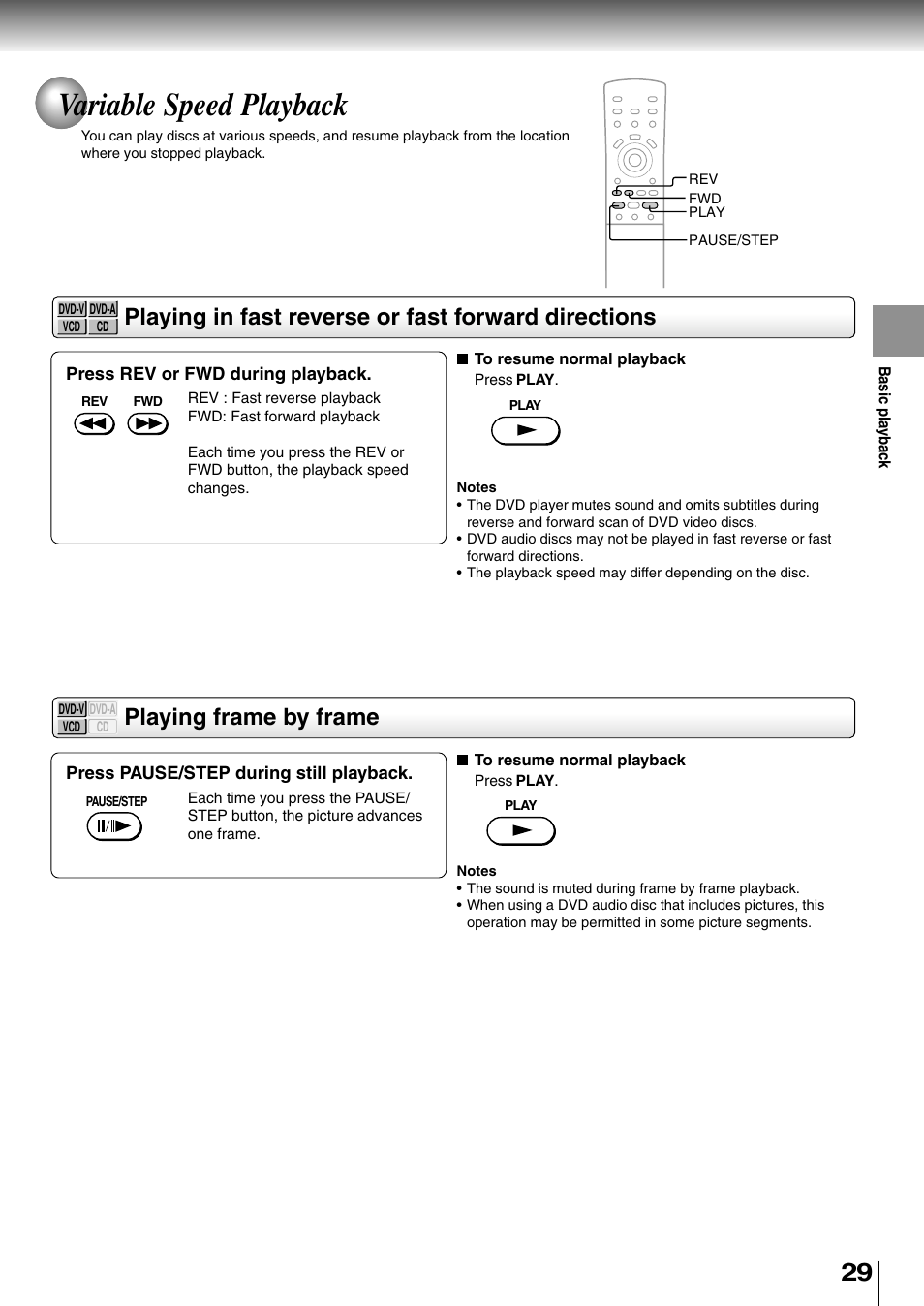 Variable speed playback, Playing in fast reverse or fast forward directions, Playing frame by frame | Toshiba SD-4700 User Manual | Page 27 / 68