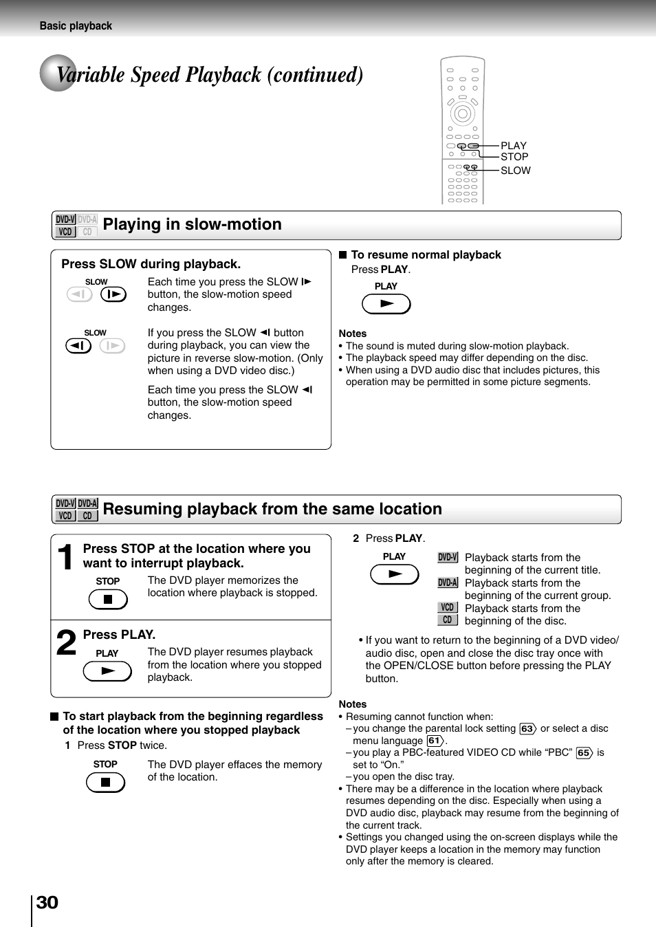 Variable speed playback (continued), Playing in slow-motion, Resuming playback from the same location | Toshiba SD-4700 User Manual | Page 28 / 68