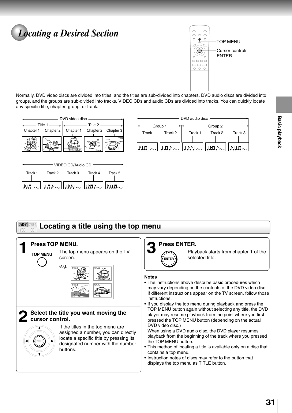 Loacating a desired section, Locating a title using the top menu | Toshiba SD-4700 User Manual | Page 29 / 68