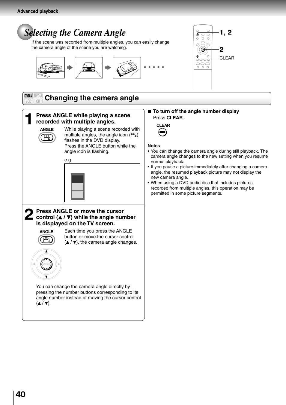 Selecting the camera angle, Changing the camera angle | Toshiba SD-4700 User Manual | Page 38 / 68