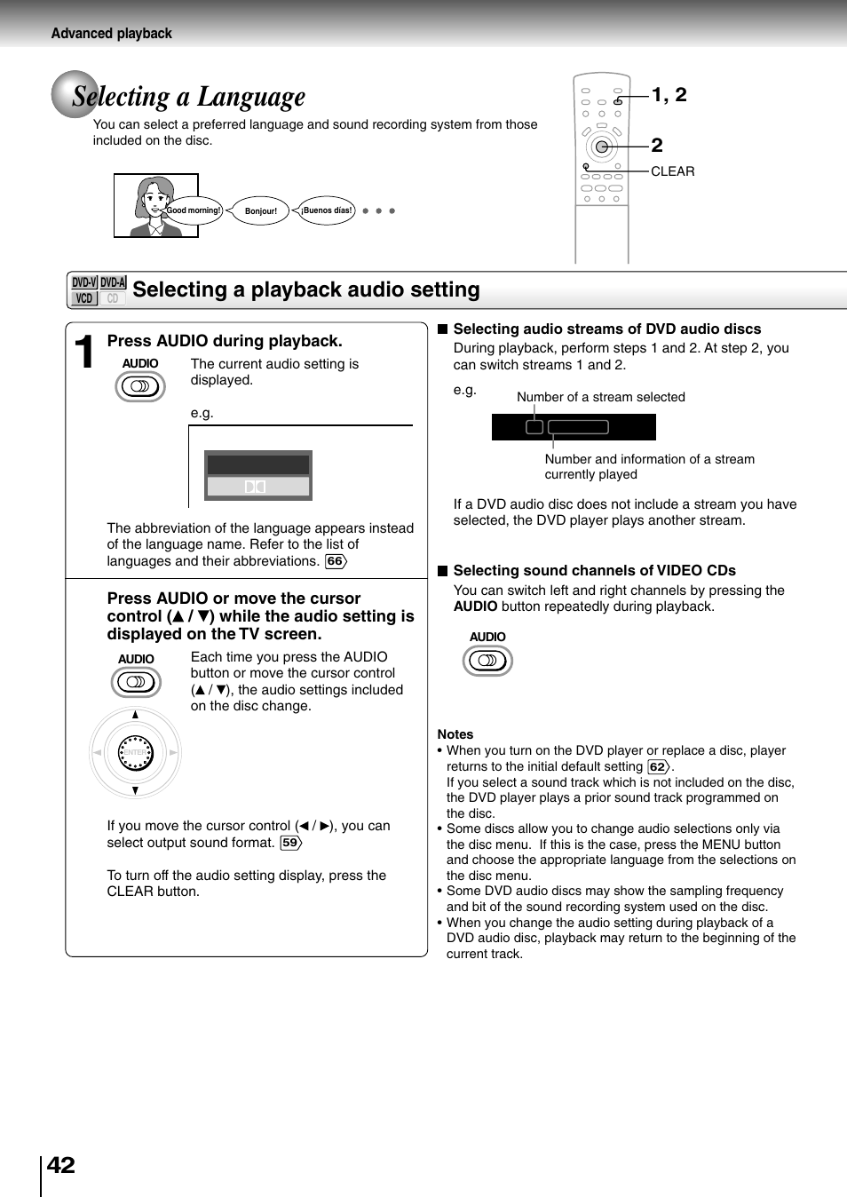 Selecting a language, Selecting a playback audio setting | Toshiba SD-4700 User Manual | Page 40 / 68