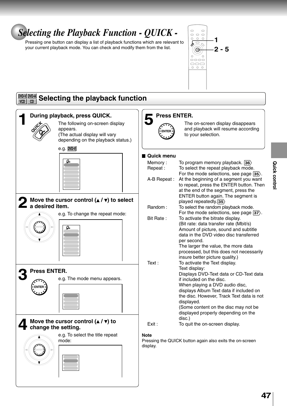 Selecting the playback function, Selecting the playback function - quick | Toshiba SD-4700 User Manual | Page 44 / 68