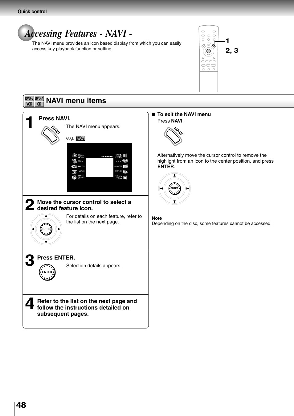 Accessing the features - navi, Accessing features - navi, Navi menu items | Toshiba SD-4700 User Manual | Page 45 / 68