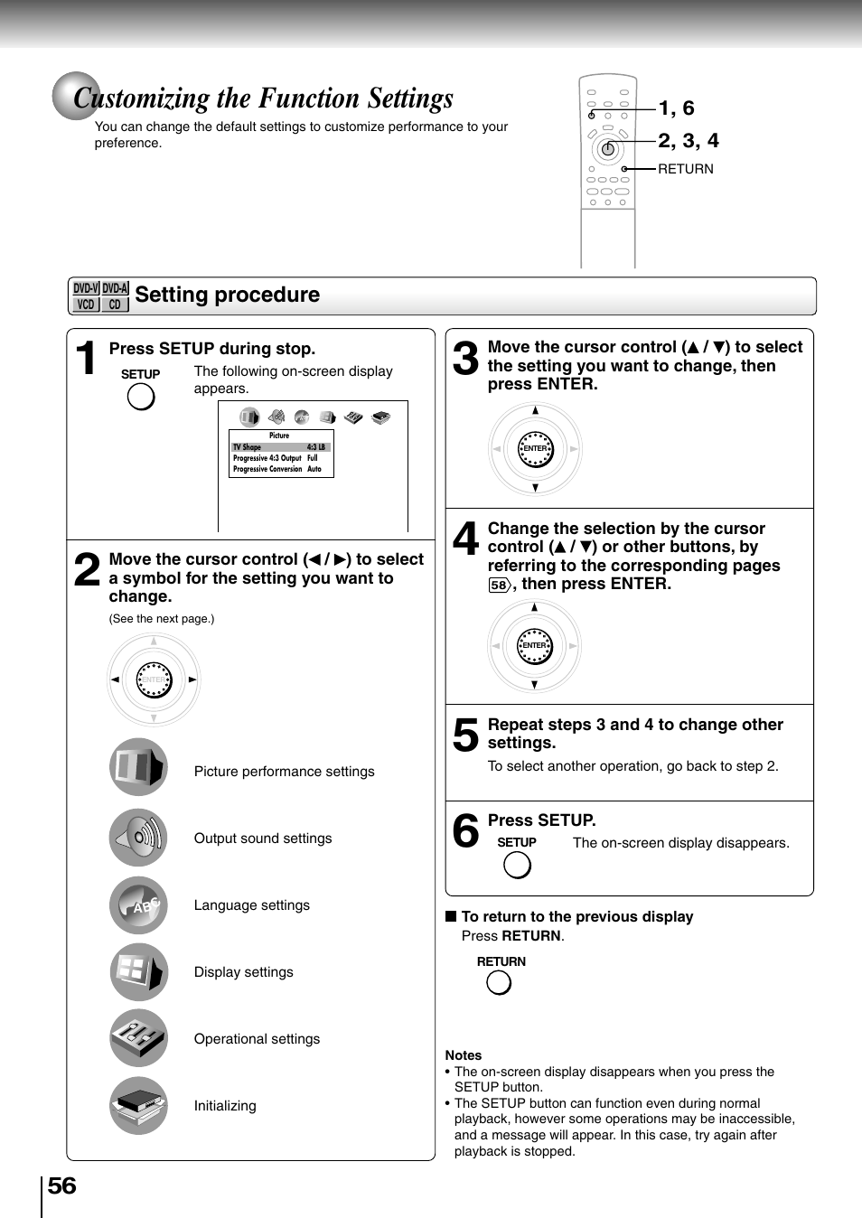 Customizing the function settings, Setting procedure | Toshiba SD-4700 User Manual | Page 52 / 68