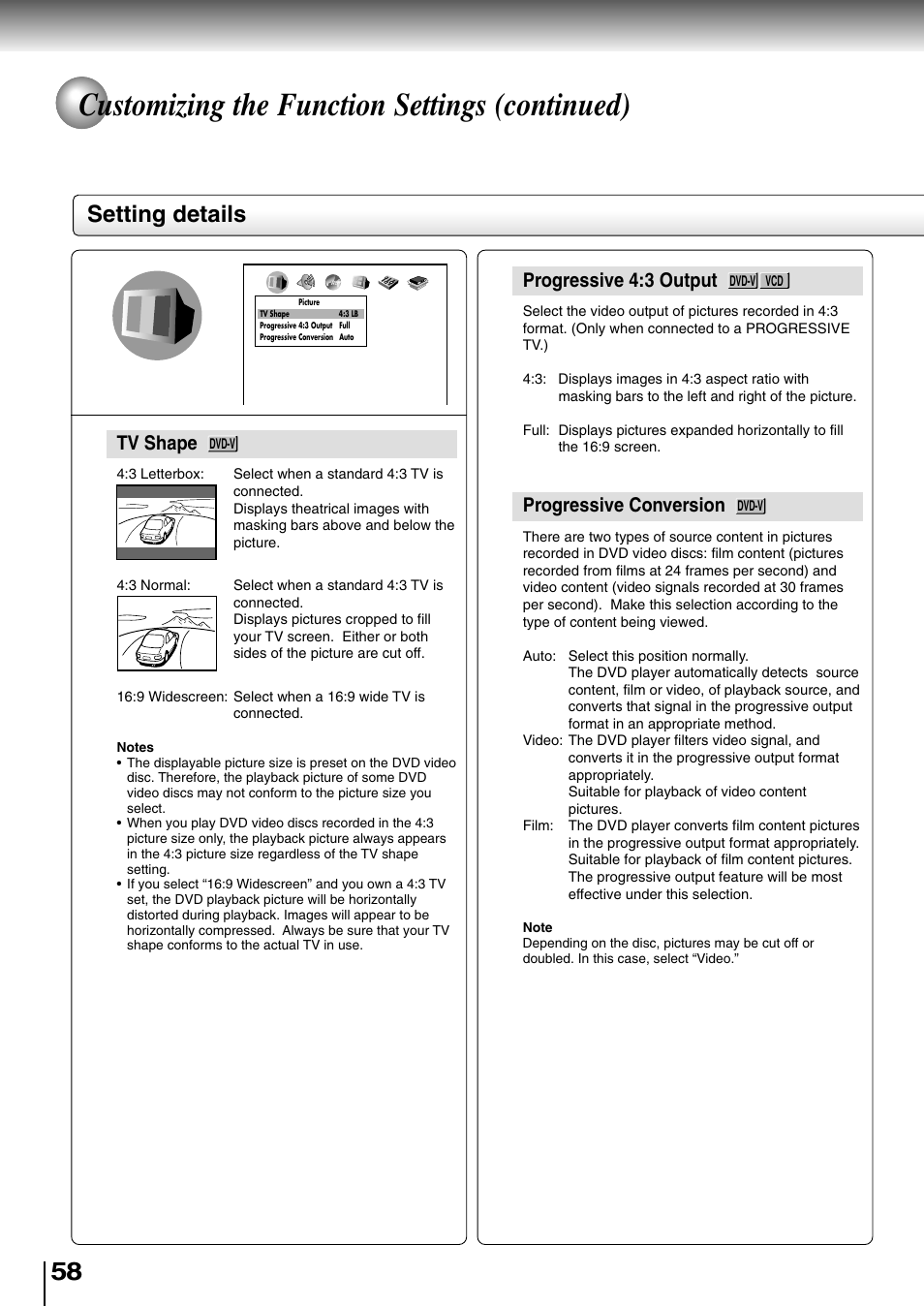 Customizing the function settings (continued), Setting details, Tv shape | Progressive 4:3 output, Progressive conversion | Toshiba SD-4700 User Manual | Page 54 / 68