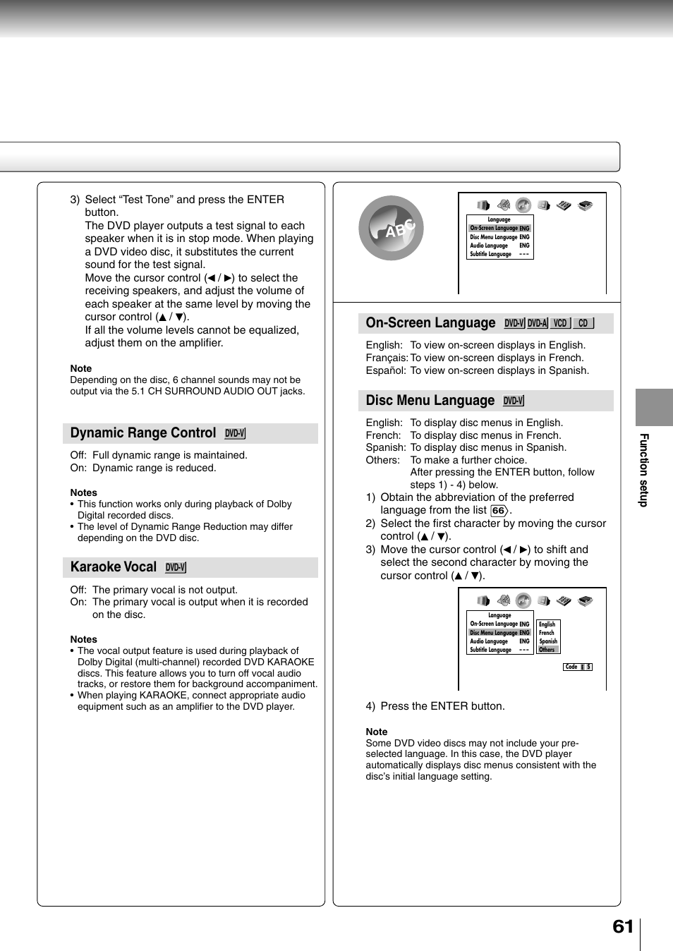 Dynamic range control, Karaoke vocal, On-screen language | Disc menu language, Ab c | Toshiba SD-4700 User Manual | Page 57 / 68