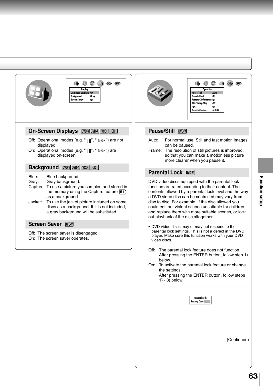 On-screen displays, Background, Screen saver | Pause/still, Parental lock | Toshiba SD-4700 User Manual | Page 59 / 68