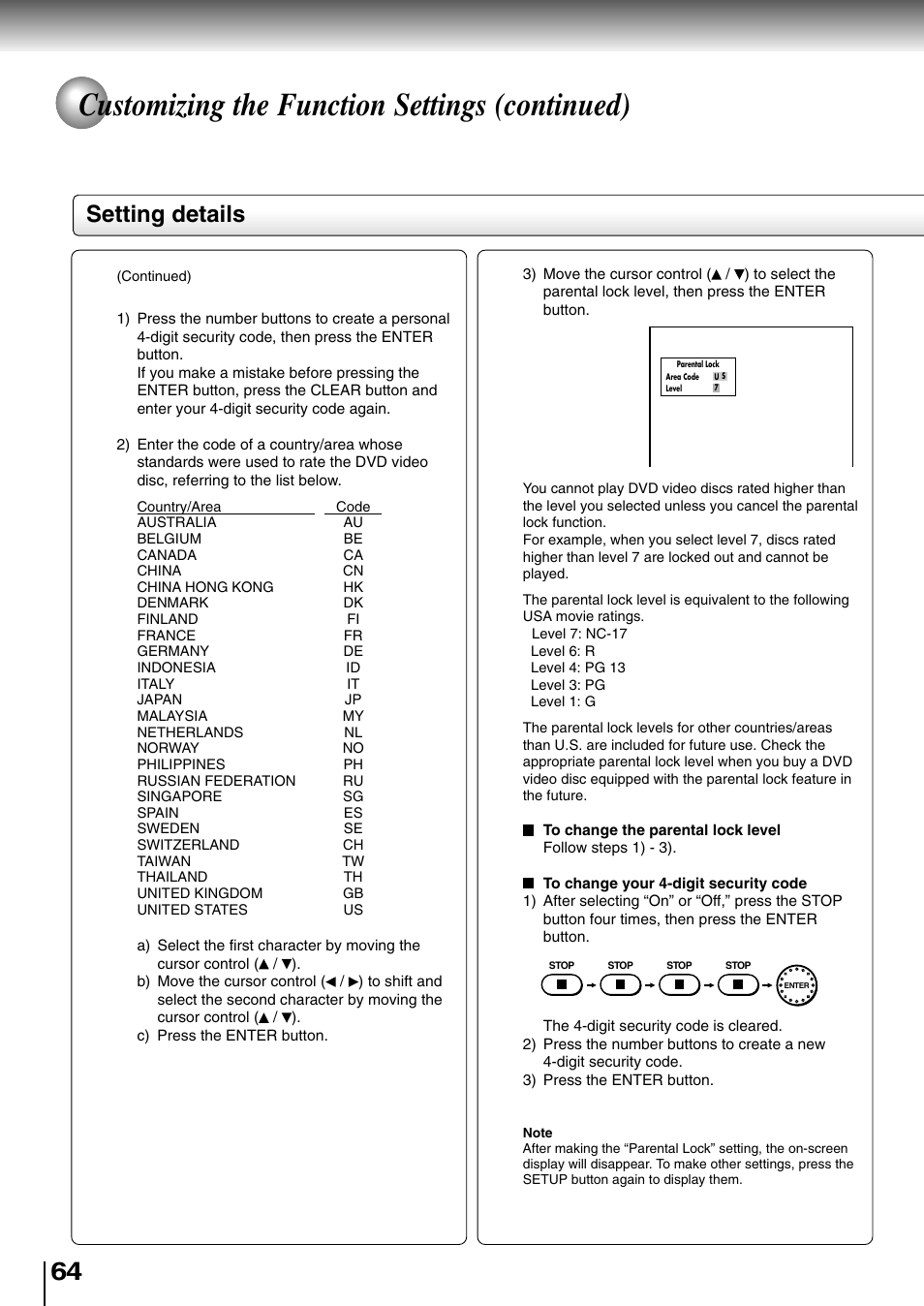 Customizing the function settings (continued), Setting details | Toshiba SD-4700 User Manual | Page 60 / 68