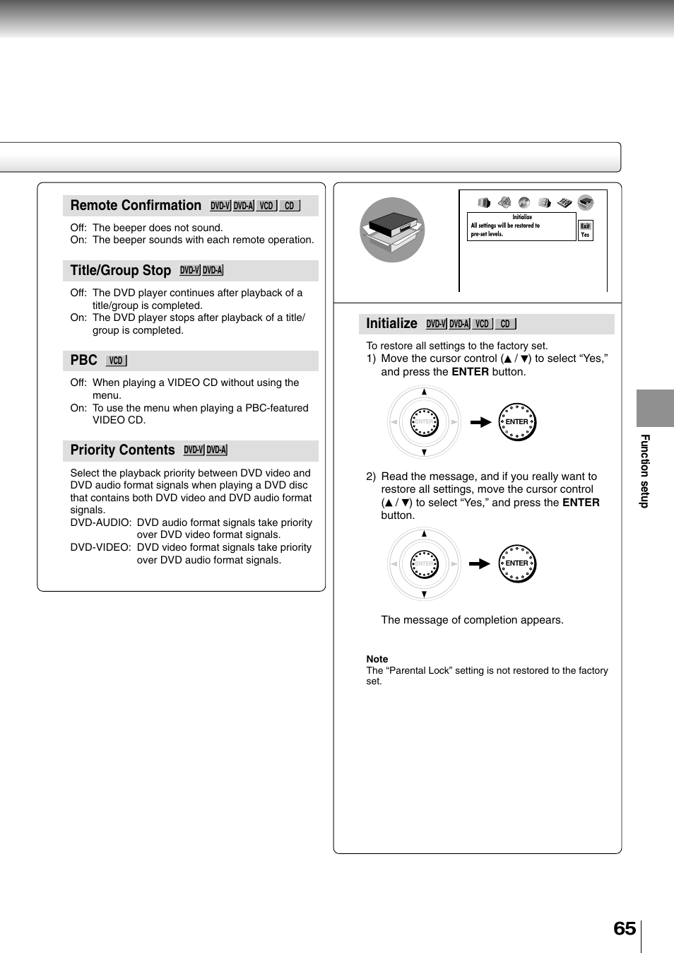 Remote confirmation, Title/group stop, Priority contents | Initialize | Toshiba SD-4700 User Manual | Page 61 / 68