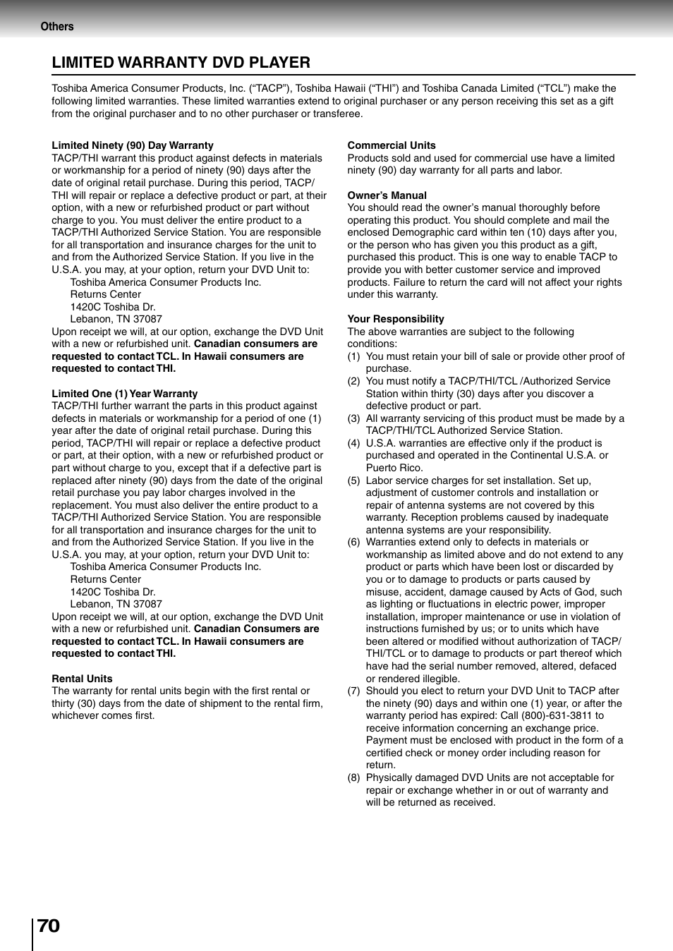 Limited warranty, Limited warranty dvd player | Toshiba SD-4700 User Manual | Page 66 / 68