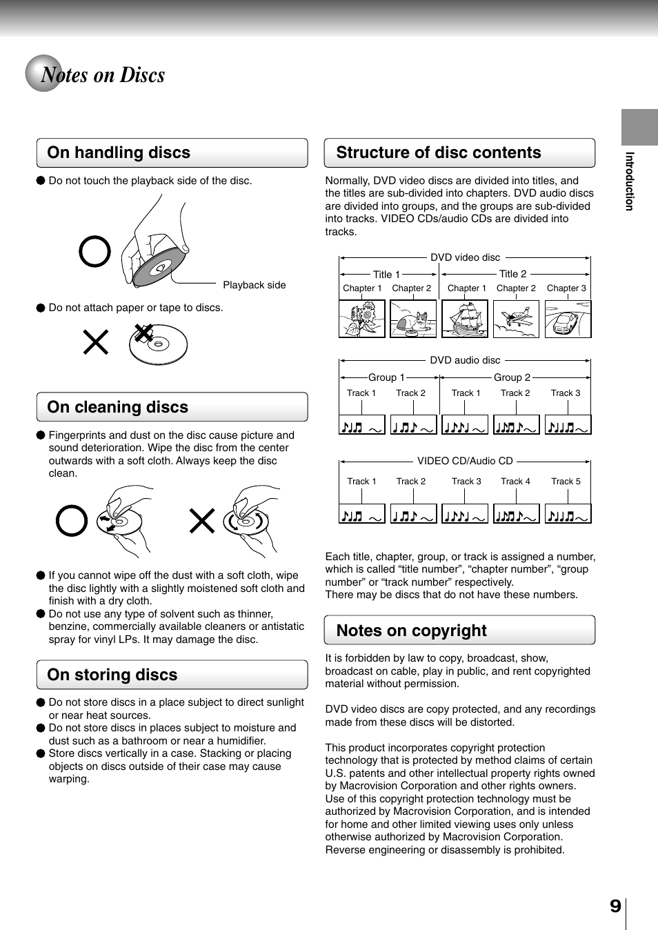 Notes on discs, Structure of disc contents, On handling discs | On cleaning discs, On storing discs | Toshiba SD-4700 User Manual | Page 9 / 68