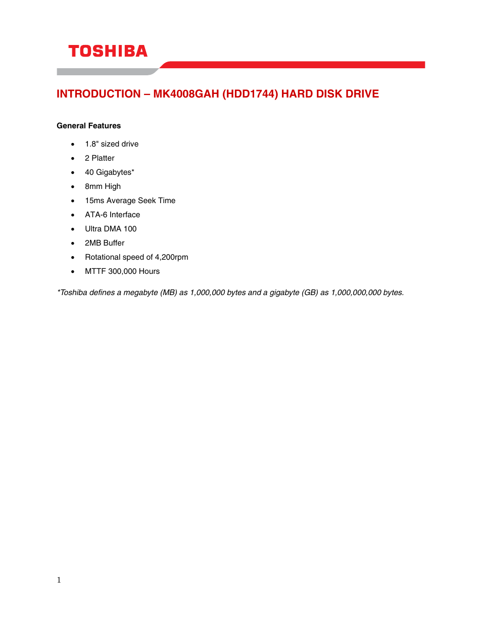 Introduction – mk4008gah (hdd1744) hard disk drive | Toshiba MK4008GAH (HDD1744) User Manual | Page 3 / 9