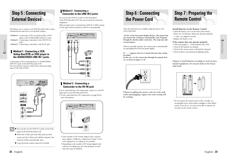 Step 6 : connecting the power cord, Step 7 : preparing the remote control, Step 5 : connecting external devices | Toshiba D-VR3SU User Manual | Page 12 / 60