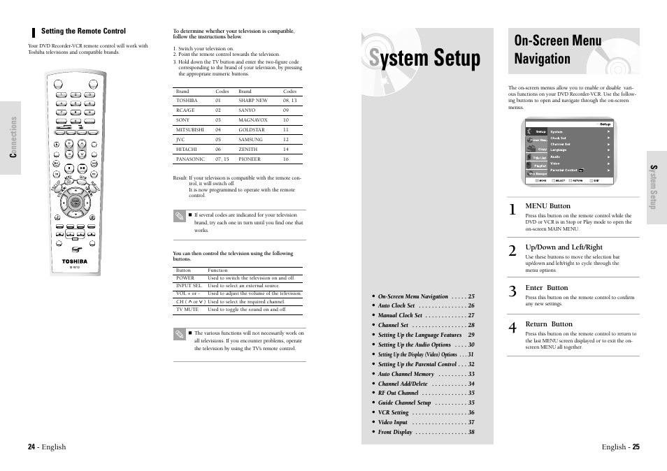 On-screen menu navigation, System setup, Connections | Toshiba D-VR3SU User Manual | Page 13 / 60