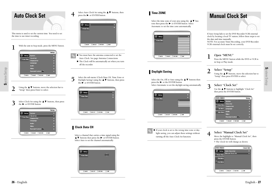 Manual clock set, Auto clock set, System setup | Toshiba D-VR3SU User Manual | Page 14 / 60