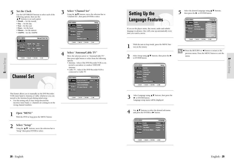 Setting up the language features, Channel set | Toshiba D-VR3SU User Manual | Page 15 / 60