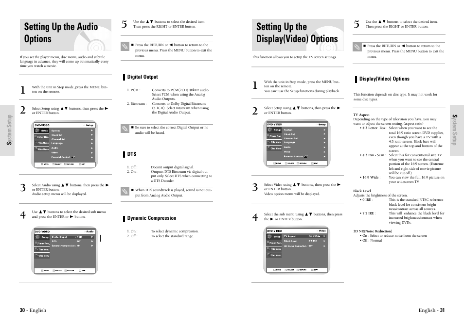 Setting up the display(video) options, Setting up the audio options | Toshiba D-VR3SU User Manual | Page 16 / 60