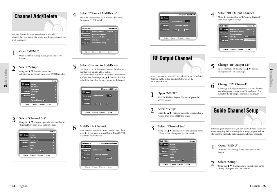Rf output channel, Channel add/delete, Guide channel setup | Toshiba D-VR3SU User Manual | Page 18 / 60