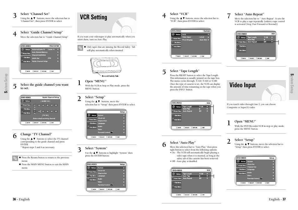 Video input, Vcr setting | Toshiba D-VR3SU User Manual | Page 19 / 60
