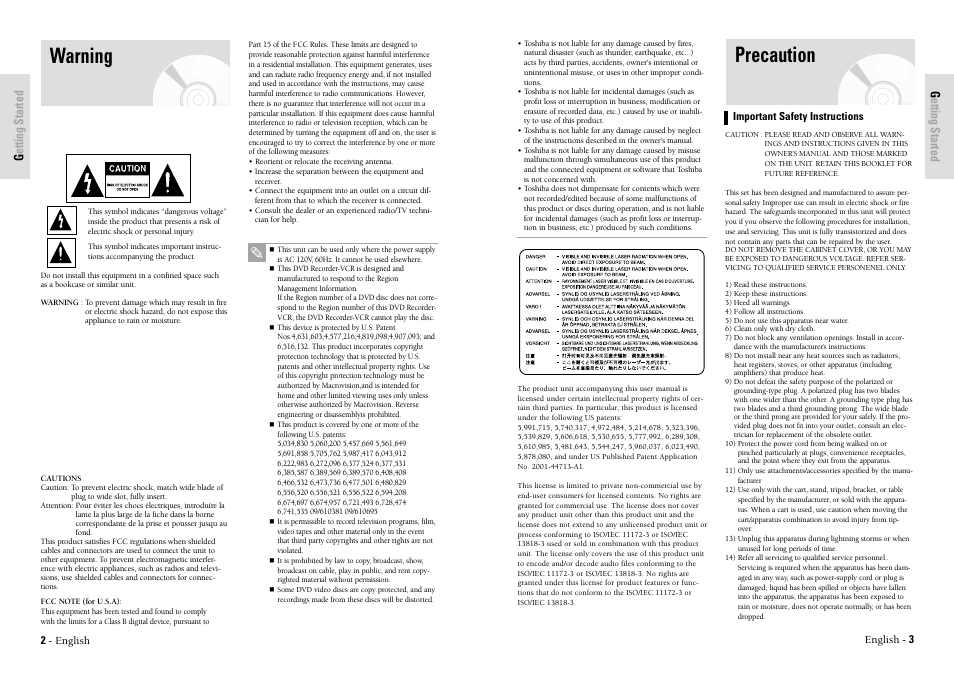 Warning, Precaution, Getting started g etting started | Toshiba D-VR3SU User Manual | Page 2 / 60