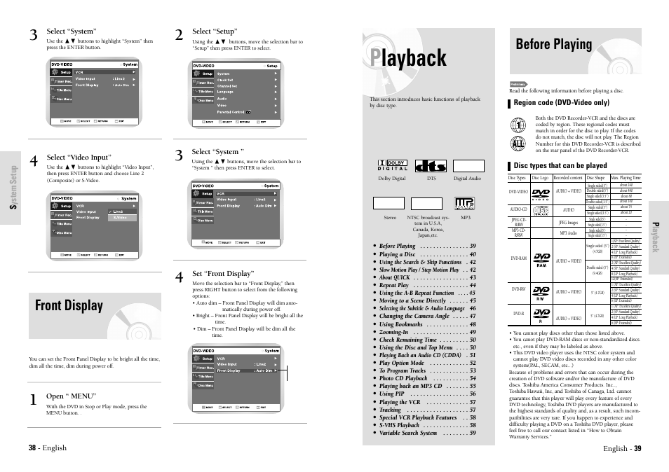 Playback, Before playing, Front display | Ntsc, Stereo | Toshiba D-VR3SU User Manual | Page 20 / 60