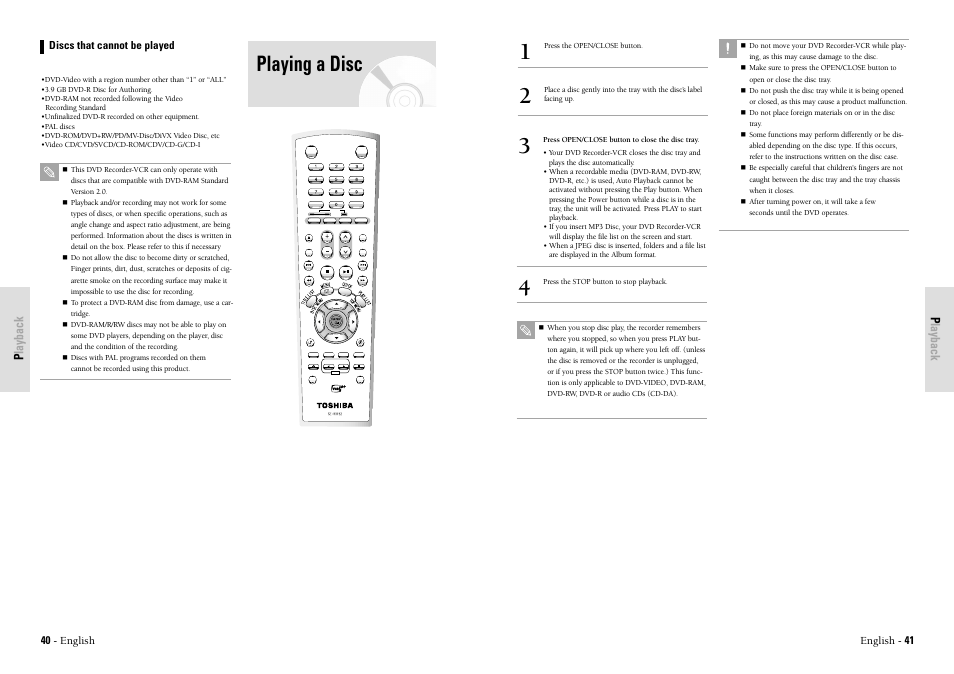 Playing a disc, Playback, English - 41 | 40 - english, Discs that cannot be played | Toshiba D-VR3SU User Manual | Page 21 / 60