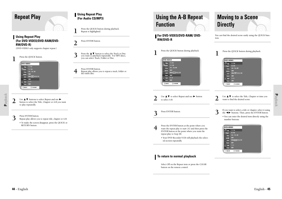 Moving to a scene directly, Using the a-b repeat function, Repeat play | Toshiba D-VR3SU User Manual | Page 23 / 60