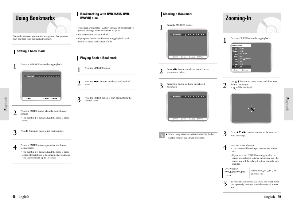 Using bookmarks, Zooming-in | Toshiba D-VR3SU User Manual | Page 25 / 60