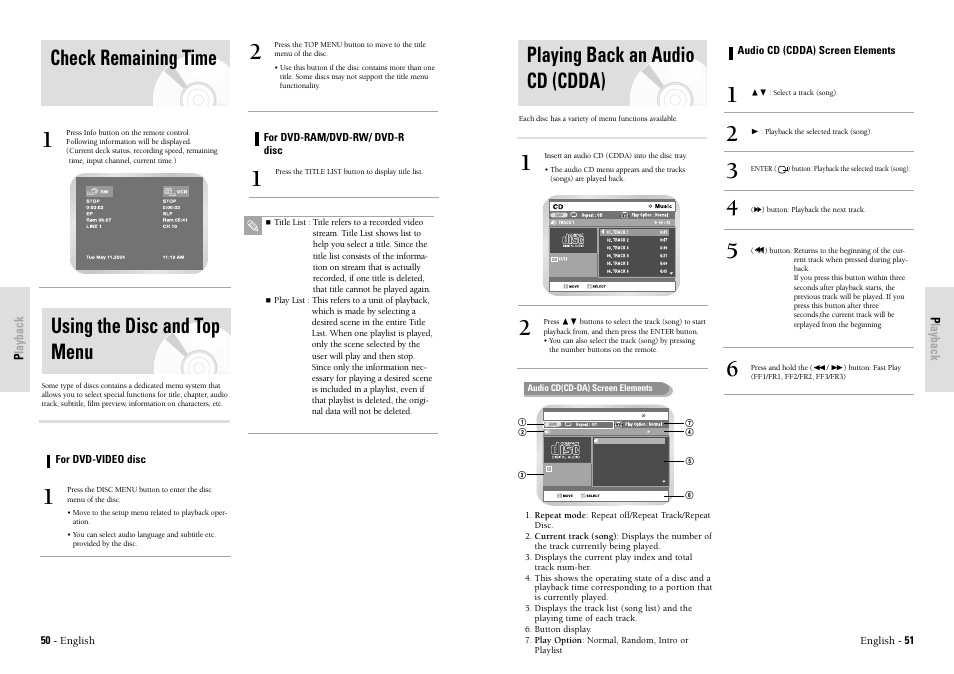Using the disc and top menu, Check remaining time, Playing back an audio cd (cdda) | Toshiba D-VR3SU User Manual | Page 26 / 60