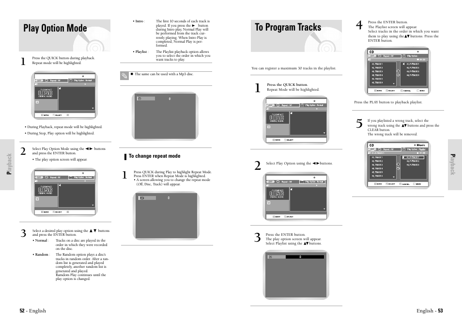 Play option mode, Playback p layback, English - 53 52 - english | Toshiba D-VR3SU User Manual | Page 27 / 60