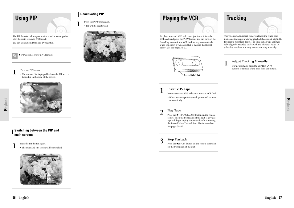 Playing the vcr, Tracking, Using pip | Toshiba D-VR3SU User Manual | Page 29 / 60