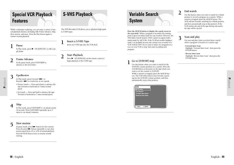 S-vhs playback, Variable search system, Special vcr playback features | Toshiba D-VR3SU User Manual | Page 30 / 60