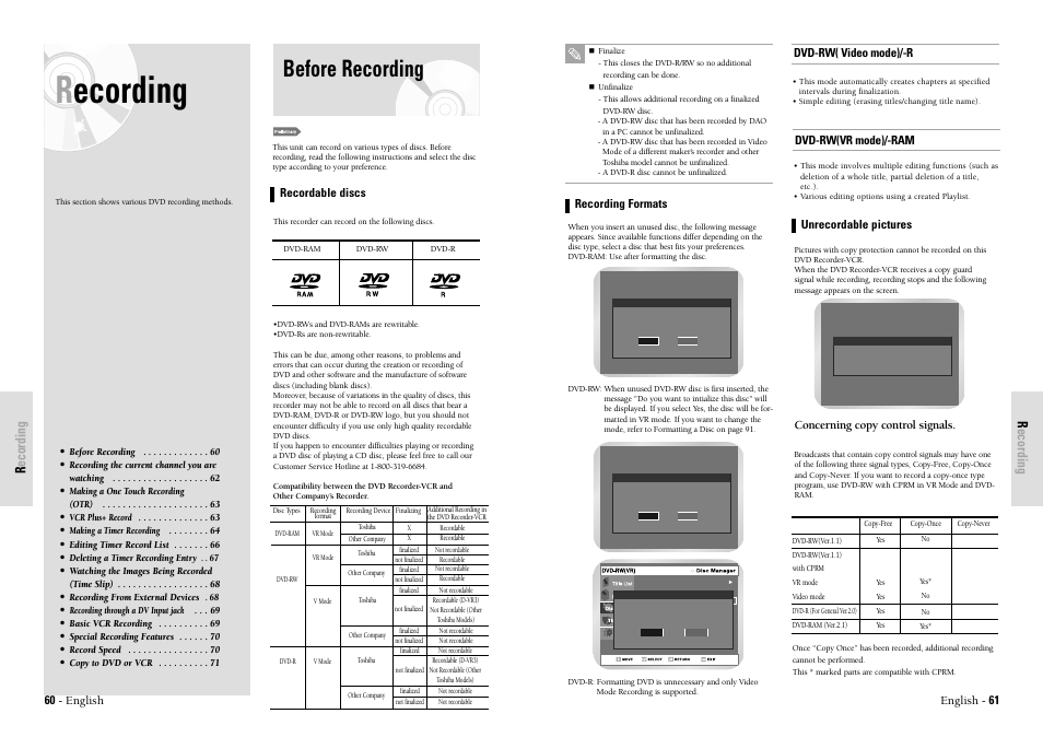 Recording, Before recording, Recording r ecording | Toshiba D-VR3SU User Manual | Page 31 / 60